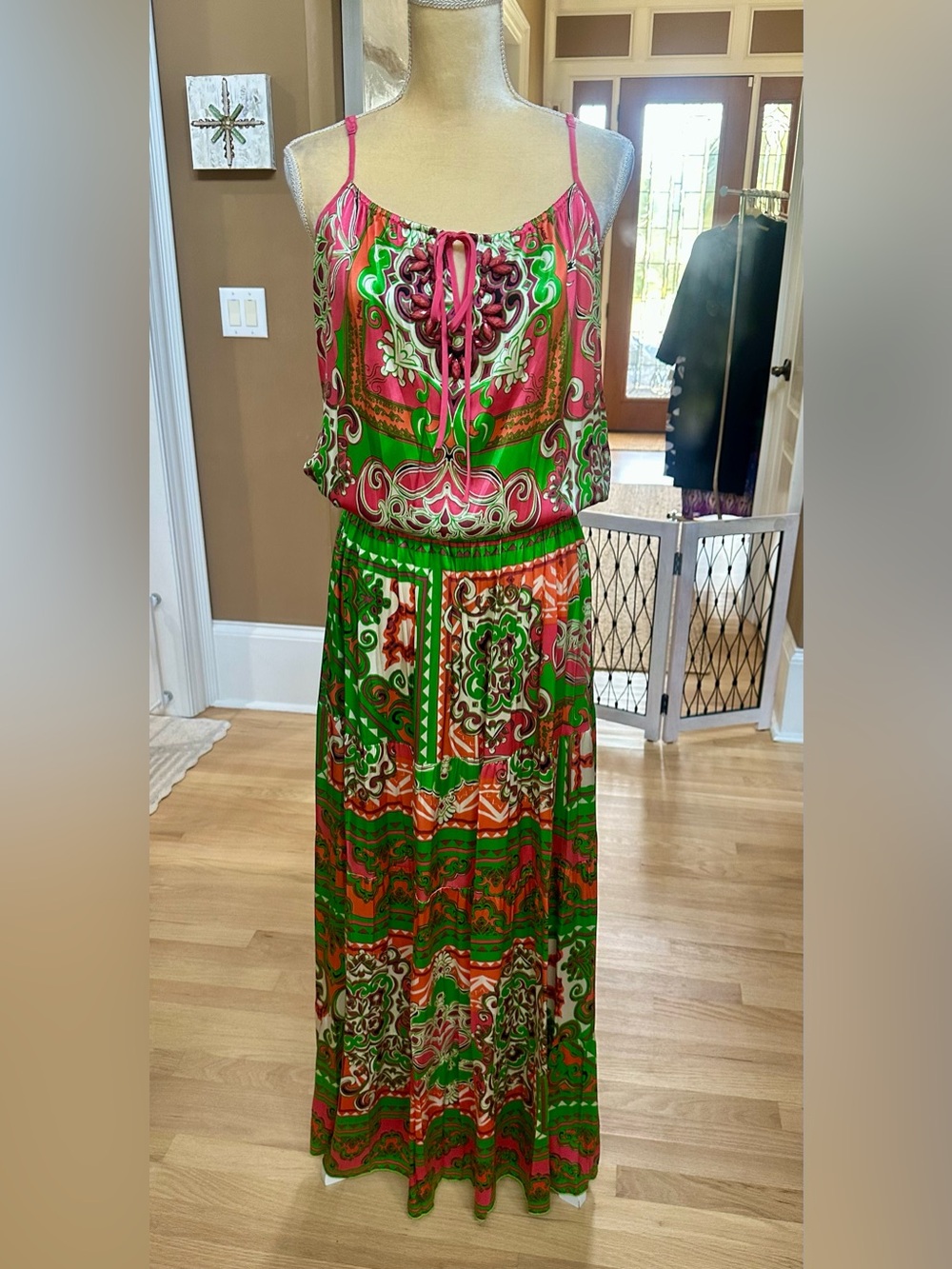 Hale Bob Green & Pink Printed Spaghetti-Strap Beaded Maxi Dress